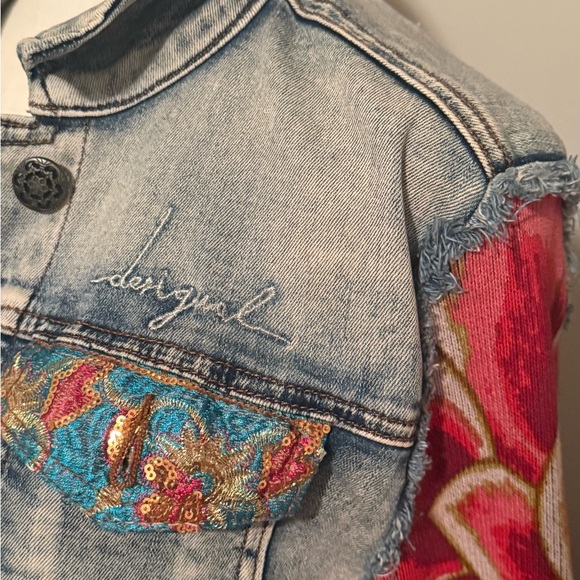 Desigual Denim Jacket with Multicolor Sleeves - Picture 3 of 10